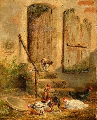 SOUPLET, Louis Ulysse (1819-1878) Poules et coqs Huile sur toile Signée et datée...