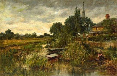 BLOOMER, Hiram Reynolds (1845-1910) Maison sur la rivière Huile sur toile Signée...