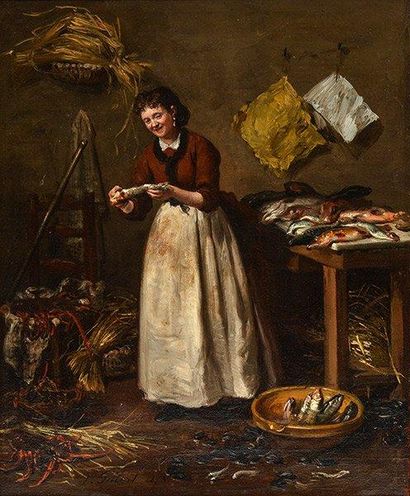 GILBERT, Victor Gabriel (1847-1935) Nettoyage du poisson Huile sur toile Signée et...