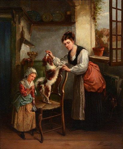 SPELTDOOREN, H. (actif XIXe) La femme et son chien Huile sur toile Signée en bas...