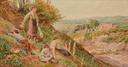 FOSTER, Birket Myles (1825-1899) Cueillette de fleurs Aquarelle Monogramme en bas...