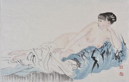 HE JIAYING (1957-) Nu allongé Encre et aquarelle sur papier Signée - Lying Nude Ink...