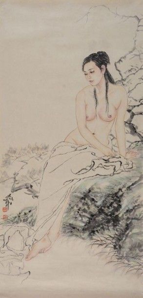 HE JIAYING (1957-) Nu assis Encre et aquarelle sur papier Signée - Sitting Nude Ink...