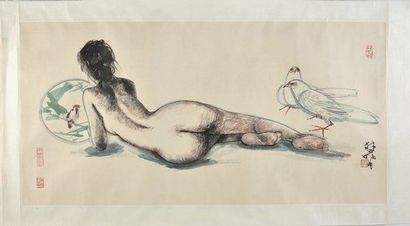LIN YONG (1942-) Nu allongé aux oiseaux Encre et aquarelle sur papier Signée - Lying...