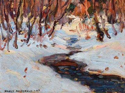 MACDONALD, Manly Edward (1889-1971) Ruisseau en hiver Huile sur panneau Signée et...