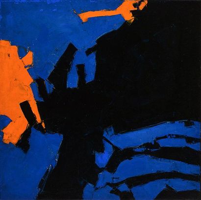 MALTAIS, Marcella (1933-) Composition en bleu, noir et orange Huile sur toile Signée...
