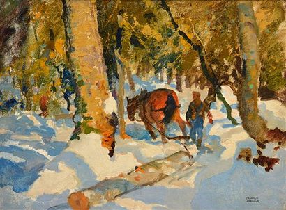 ARBUCKLE, George Franklin (1909-2001) "Woodsmer, P.Q." Huile sur panneau Signée en...