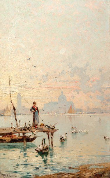 UNTERBERGER, Franz Richard (1838-1902) La femme aux oiseaux Huile sur panneau de...