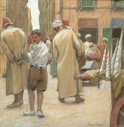 BICCHI, Ottorino (1878-1949) Près du marché Pastel sur papier Signé en bas à droite...