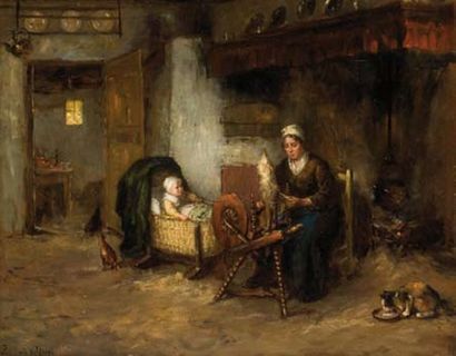 DE HOOGH, Bernard (1867-1943) «The spinning wheel» Huile sur toile Signée en bas...