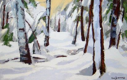 SIMPKINS, Ronald (1942-2008) «Snow in the woods» Huile sur isorel Signée en bas à...