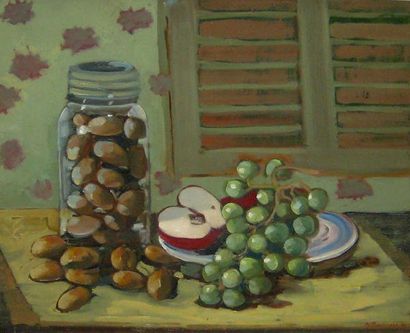 BOULANGER, Yvette (1932-) «Nature morte noix et raisins» Huile sur isorel Signée...