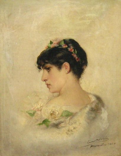HERBO, Léon (1850-1907) Jeune femme à la couronne de fleurs Huile sur toile Signée,...