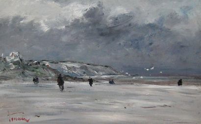 JOUAN, Jean-Pierre (1943-) «Deauville, neige sur la plage, hiver 80» Huile sur panneau...