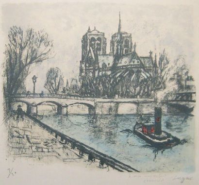 LAGAR, Celso (1891-1966) Notre-Dame-de-Paris Lithographie Signée et dédicacée en...