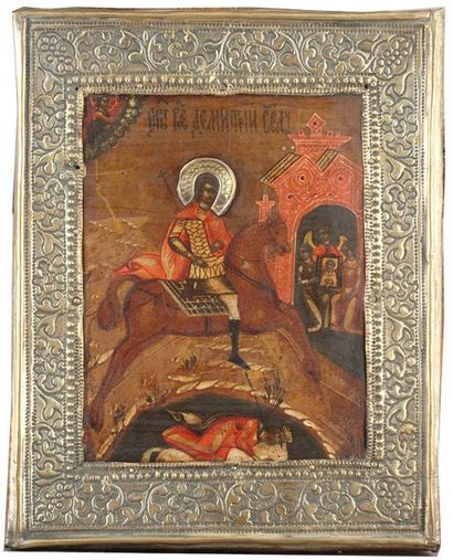 ÉCOLE RUSSE début XIXème Saint Dimitri Tempera sur panneau de bois et riza en cuivre...