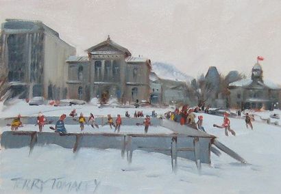 TOMALTY, Terry (1935-) «Mcgill, broomball» Huile sur toile Signée en bas à gauche:...