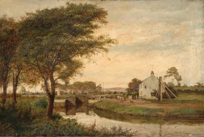 DAVIES, James Hey (1844-1926) Maison près du cours d'eau Huile sur toile Signée en...