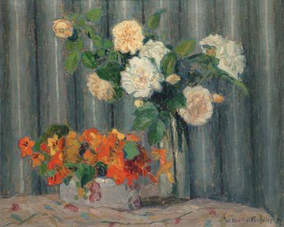 MARTIN-FERRIÈRES, Jac (1893-1972) «Roses Thé» Huile sur toile Signée et datée en...