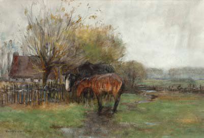 WALKER, Horatio (1858-1938) «Farm Scene, l'Île d'Orleans» Aquarelle sur papier marouflée...