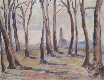 PAIGE-PINNEO, Georgina (1896-) Les grands arbres Huile sur carton Signée et datée...