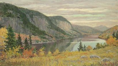 PFEIFFER, Gordon Edward (1899-1983) Lac près des montagnes Huile sur panneau Signée...