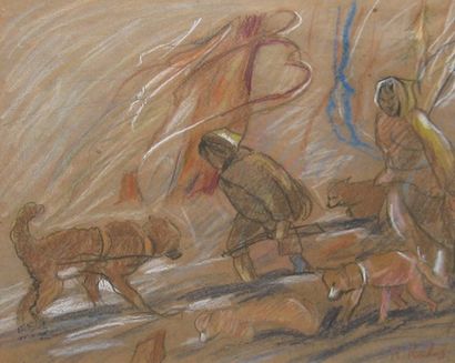 RICHARD, René-Jean (1895-1982) Trappeurs et chiens Crayon de couleur sur papier Signé...