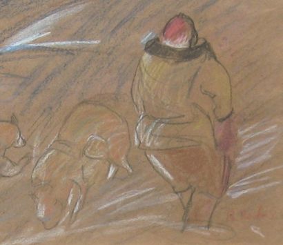 RICHARD, René-Jean (1895-1982) Trappeur et ses chiens Crayon de couleur sur papier...