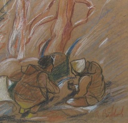 RICHARD, René-Jean (1895-1982) Deux trappeurs Crayon de couleur sur papier Signé...