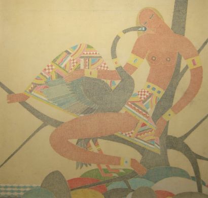 SHABAEFF, Valentin (1899-) Leda et le cygne Crayon de couleur Signé et daté au dos:...