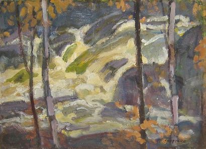 SHEPPARD, Peter Clapham (1882-1965) «By a northern waterfall» Huile sur panneau Signée...