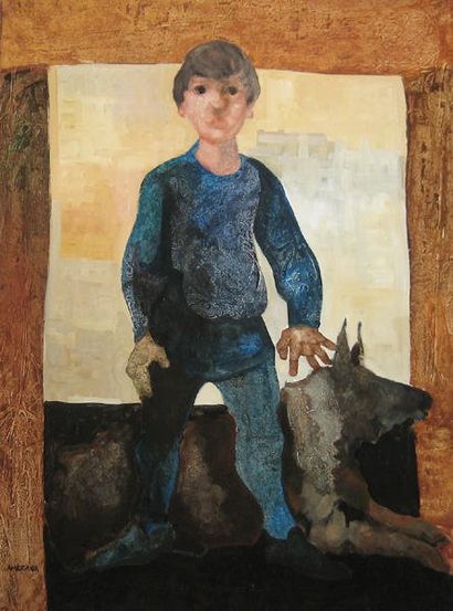 AMEZAGA GOMEZ, Raphael (1928-) Garçcon et son chien Huile sur toile Signée en bas...