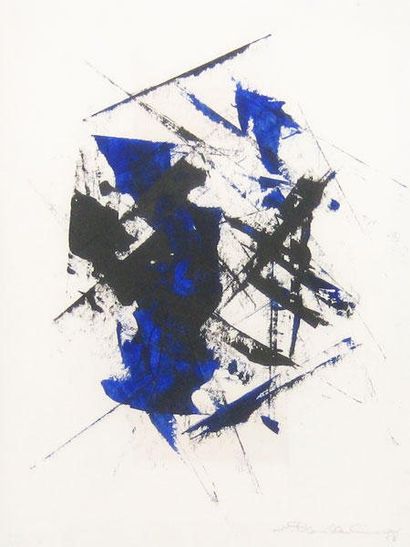 DAUDELIN, Charles (1920-2001) Abstraction bleue et noire Huile sur papier Signée...