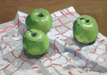 NEMETH, Frank (1919-) Trois pommes Huile sur isorel Signée et datée en bas à droite:...