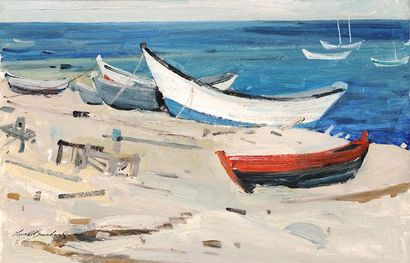 BOUCHARD, Lorne Holland RCA (1915-1978) «Bateaux, Percé, P.Qué» Huile sur panneau...