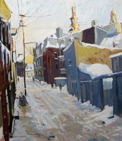 BRIEN, Paul (1913-) «Rue Laval, Québec» Huile sur carton toile Titrée au dos 61x51cm...