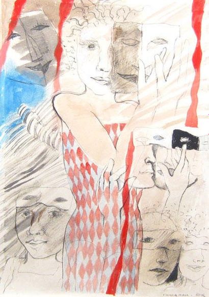 CAISERMAN-ROTH, Ghitta (1923-2005) Femme au masque Aquarelle Signée en bas à droite:...