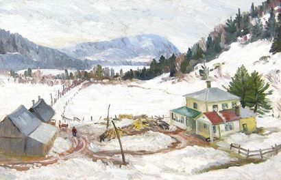 DOWNES, Lionel Fielding (1900-1972) Ferme sous la neige Huile sur panneau Signée...