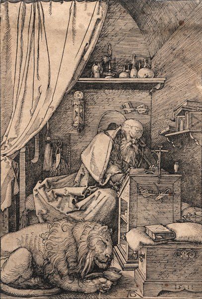 DURER, Albrecht (1471-1528) Saint Jérôme dans sa cellule Gravure sur bois Monogrammée...