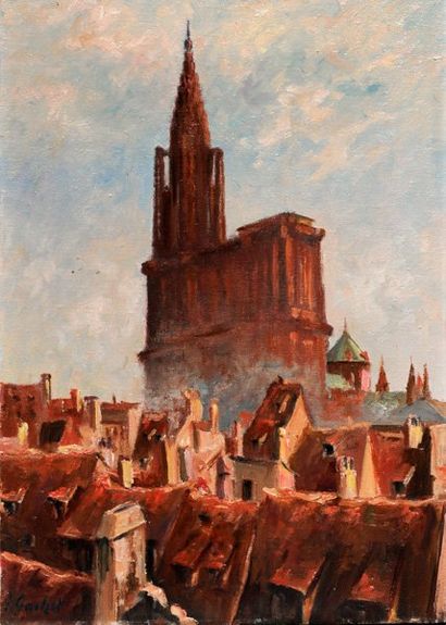 GACHET, Jules (1859-1914) La cathédrale de Strasbourg Huile sur toile Signée en bas...