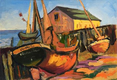 IACURTO, Francesco (1908-2001) «Gaspé, Douglastown» Huile sur panneau Signée en bas...