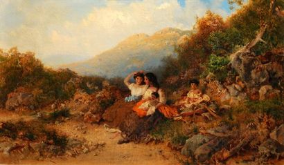 JACOBI, Otto Reinhold (1812-1901) «La détente» Huile sur toile Signée et datée en...