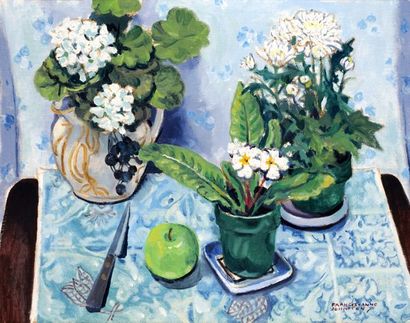 JOHNSTON, Frances-Anne (1910-1987) «White flowers with apple» Huile sur carton-toile...
