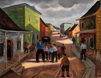 PALARDY, Joseph Jean Albert (1905-1991) Rue principale Huile sur isorel Signée et...