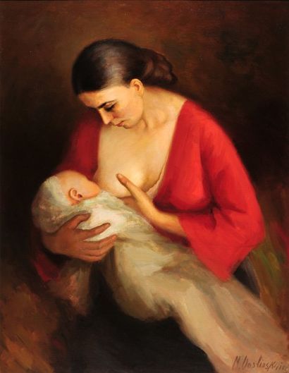 VOSLINKAIA, Mara (1912-2000) Mère et enfant Huile sur toile Signée en bas à droite...
