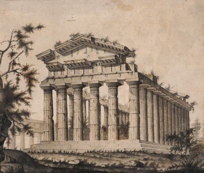HACKERT, Jacob-Philippe (1737-1807) Temple en ruine Encre sur papier Monogrammée...