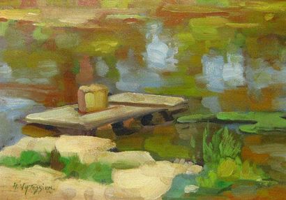 TATOSSIAN, Armand RCA (1948-) «Floting raft, Rigaud river» Huile sur toile Signée...
