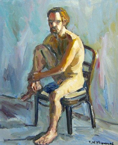 THOMAS, Tibor K. (1919-) «Sitting male nude» Huile sur toile Signée en bas à droite:...
