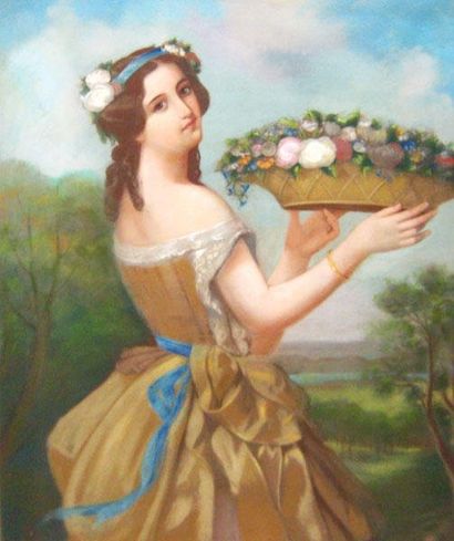 ÉCOLE FRANÇAISE XIXème Jeune femme aux fleurs Pastel FRENCH SCHOOL 19th C. Young...