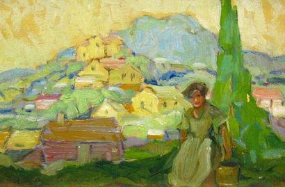 PERRIGARD, Hal Ross (1891-1960) «In a valley» Huile sur panneau de bois Signée en...